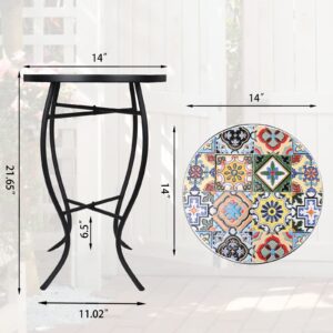 VCUTEKA Mosaic Side Table, 21" Round End Table with 14" Ceramic Tile Top, Indoor Patio Accent Table for Yard, Garden, Living Room, Bistro Balcony or Lawn