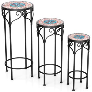 Giantex Metal Plant Stand Set of 3, 28" Mosaic Tall Flower Stand with Ceramic Top, Round Tile Nesting Display Side Table, Indoor Outdoor Flower Holder for Wedding Party Patio Living Room