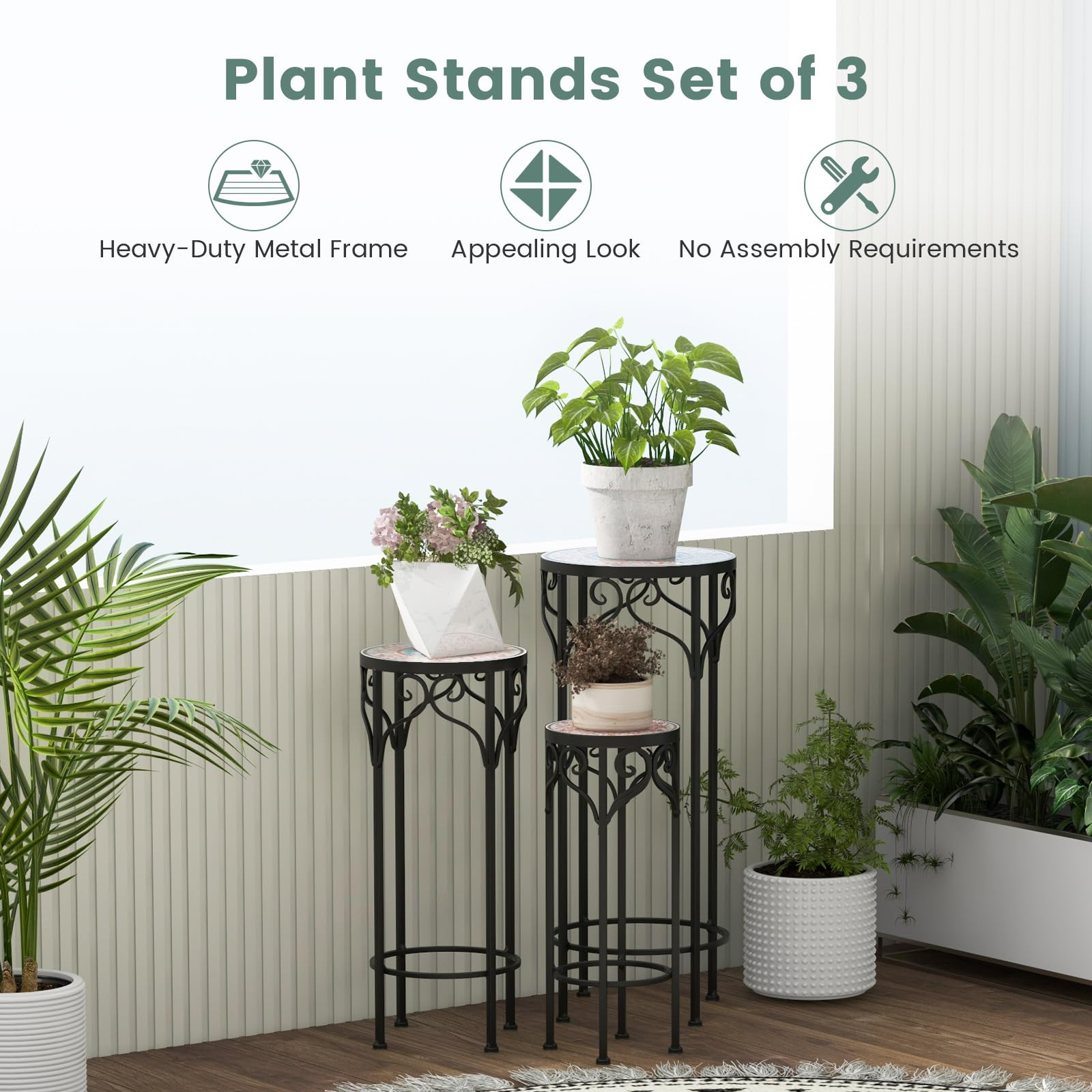 Giantex Metal Plant Stand Set of 3, 28" Mosaic Tall Flower Stand with Ceramic Top, Round Tile Nesting Display Side Table, Indoor Outdoor Flower Holder for Wedding Party Patio Living Room