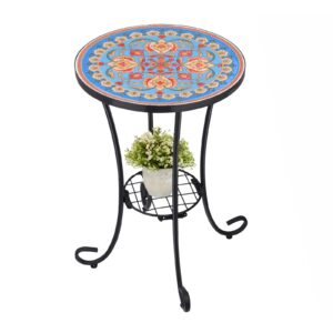 VCUTEKA Outdoor Side Table Mosaic Patio Table Accent Table Mosaic Tile Top Metal Frame Small End Table Porch Beach Patio Garden Balcony Blue 14''