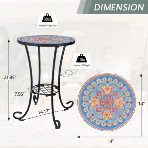 VCUTEKA Outdoor Side Table Mosaic Patio Table Accent Table Mosaic Tile Top Metal Frame Small End Table Porch Beach Patio Garden Balcony Blue 14''