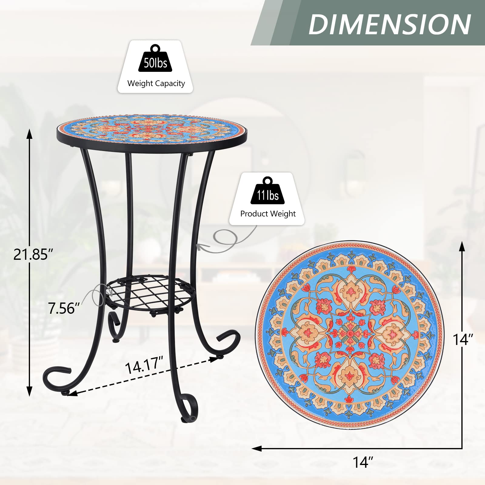 VCUTEKA Outdoor Side Table Mosaic Patio Table Accent Table Mosaic Tile Top Metal Frame Small End Table Porch Beach Patio Garden Balcony Blue 14''