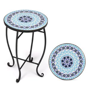 vingli mosaic accent table, 14" round side table,end table, plant stand decor for patio porch beach theme balcony back deck pool indoor outdoor coffee, metal cobalt glass top black iron(blue ocean)