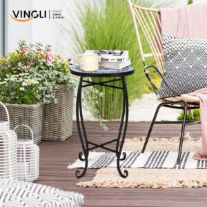 VINGLI Mosaic Accent Table, 14" Round Side Table,End Table, Plant Stand Decor for Patio Porch Beach Theme Balcony Back Deck Pool Indoor Outdoor Coffee, Metal Cobalt Glass Top Black Iron(Blue Ocean)