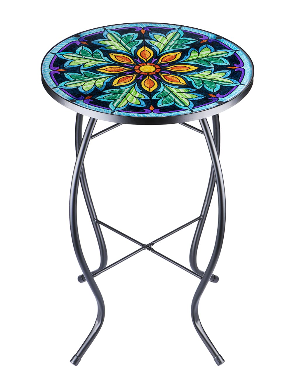 VCUTEKA Outdoor Side Table Mosaic End Table Patio Side Table Small End Table Glass Top Round Balcony Coffee Table Porch Indoor Glass Top