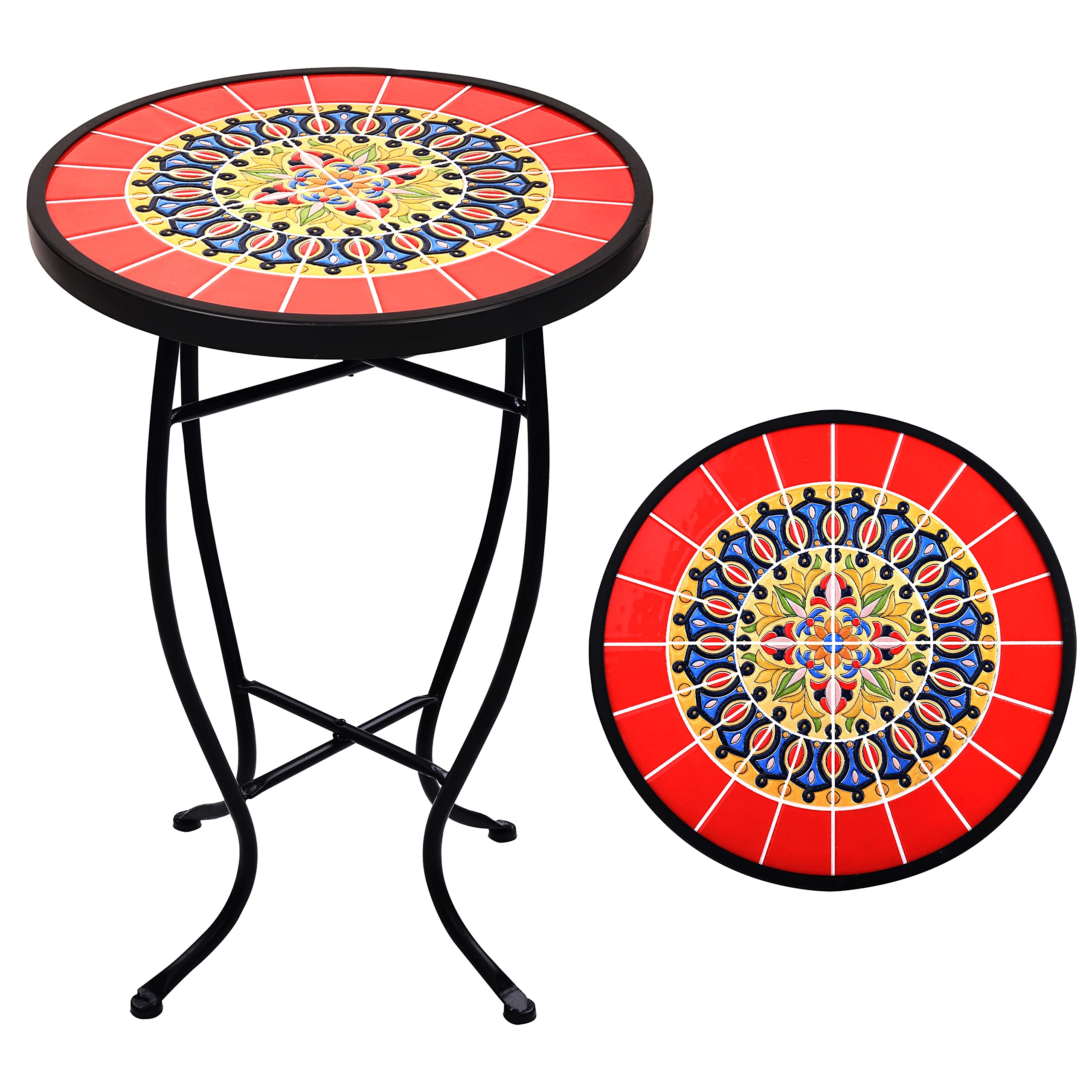 Elevon Outdoor Side Table Mosaic Patio Table, 21” Accent Table Round End Table with 14” Ceramic Table Top, Outdoor Patio Furniture Balcony Table for Garden Backyard Pool Porch Bistro, Plant Stand