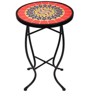 Elevon Outdoor Side Table Mosaic Patio Table, 21” Accent Table Round End Table with 14” Ceramic Table Top, Outdoor Patio Furniture Balcony Table for Garden Backyard Pool Porch Bistro, Plant Stand