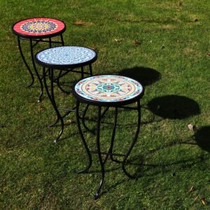 Elevon Outdoor Side Table Mosaic Patio Table, 21” Accent Table Round End Table with 14” Ceramic Table Top, Outdoor Patio Furniture Balcony Table for Garden Backyard Pool Porch Bistro, Plant Stand