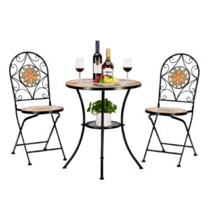 vingli 3 pieces garden patio mosaic table, outdoor bistro set with folding chairs,black iron frame