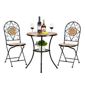 VINGLI 3 Pieces Garden Patio Mosaic Table, Outdoor Bistro Set with Folding Chairs,Black Iron Frame