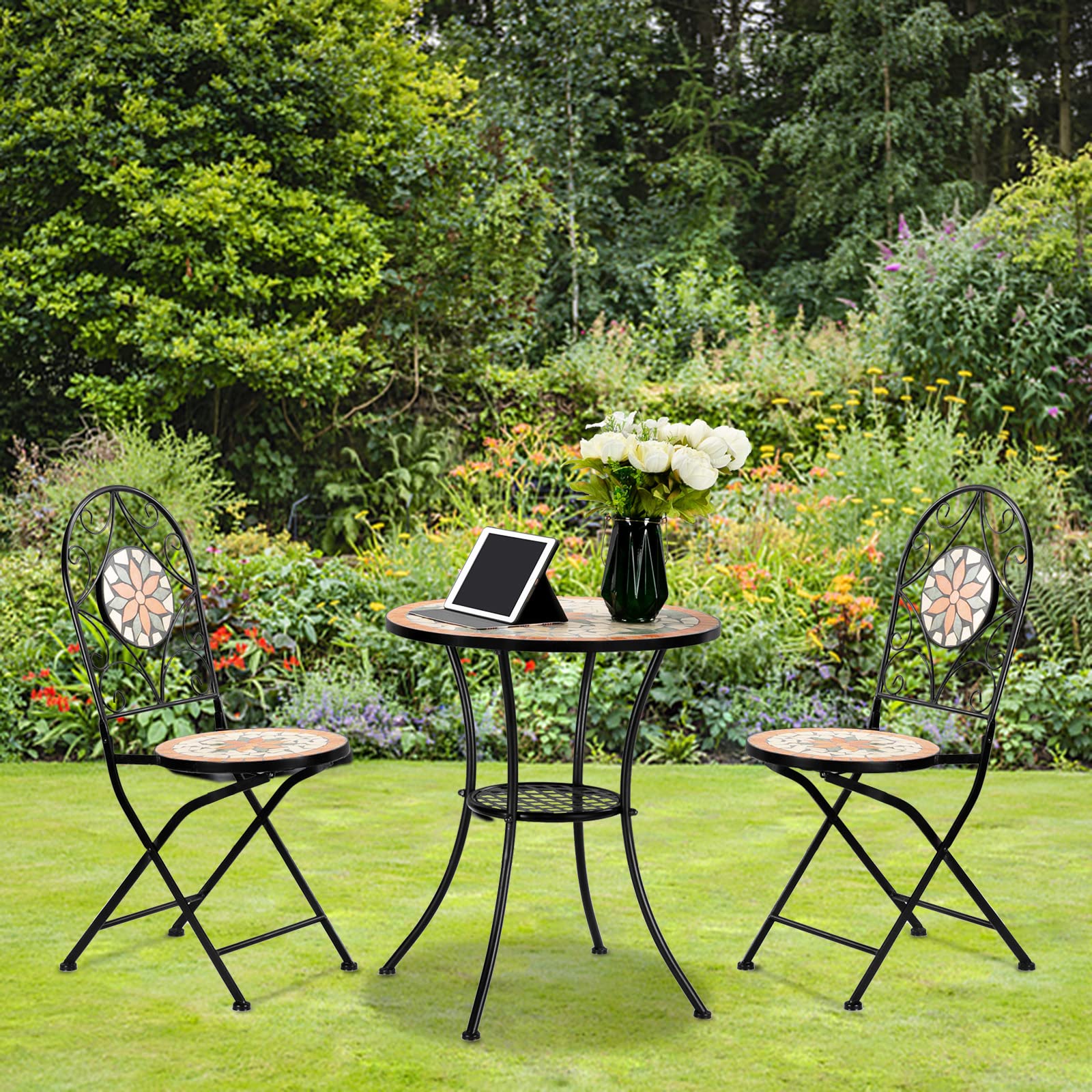 VINGLI 3 Pieces Garden Patio Mosaic Table, Outdoor Bistro Set with Folding Chairs,Black Iron Frame