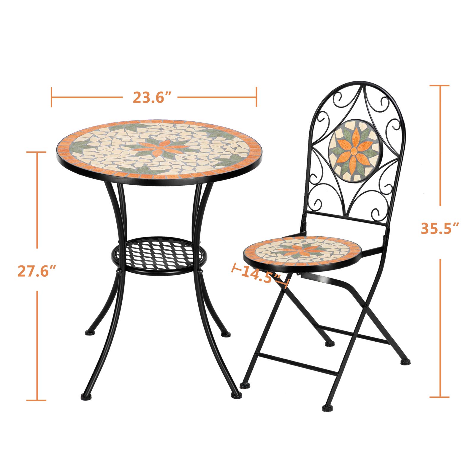 VINGLI 3 Pieces Garden Patio Mosaic Table, Outdoor Bistro Set with Folding Chairs,Black Iron Frame