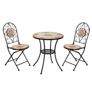 VINGLI 3 Pieces Garden Patio Mosaic Table, Outdoor Bistro Set with Folding Chairs,Black Iron Frame