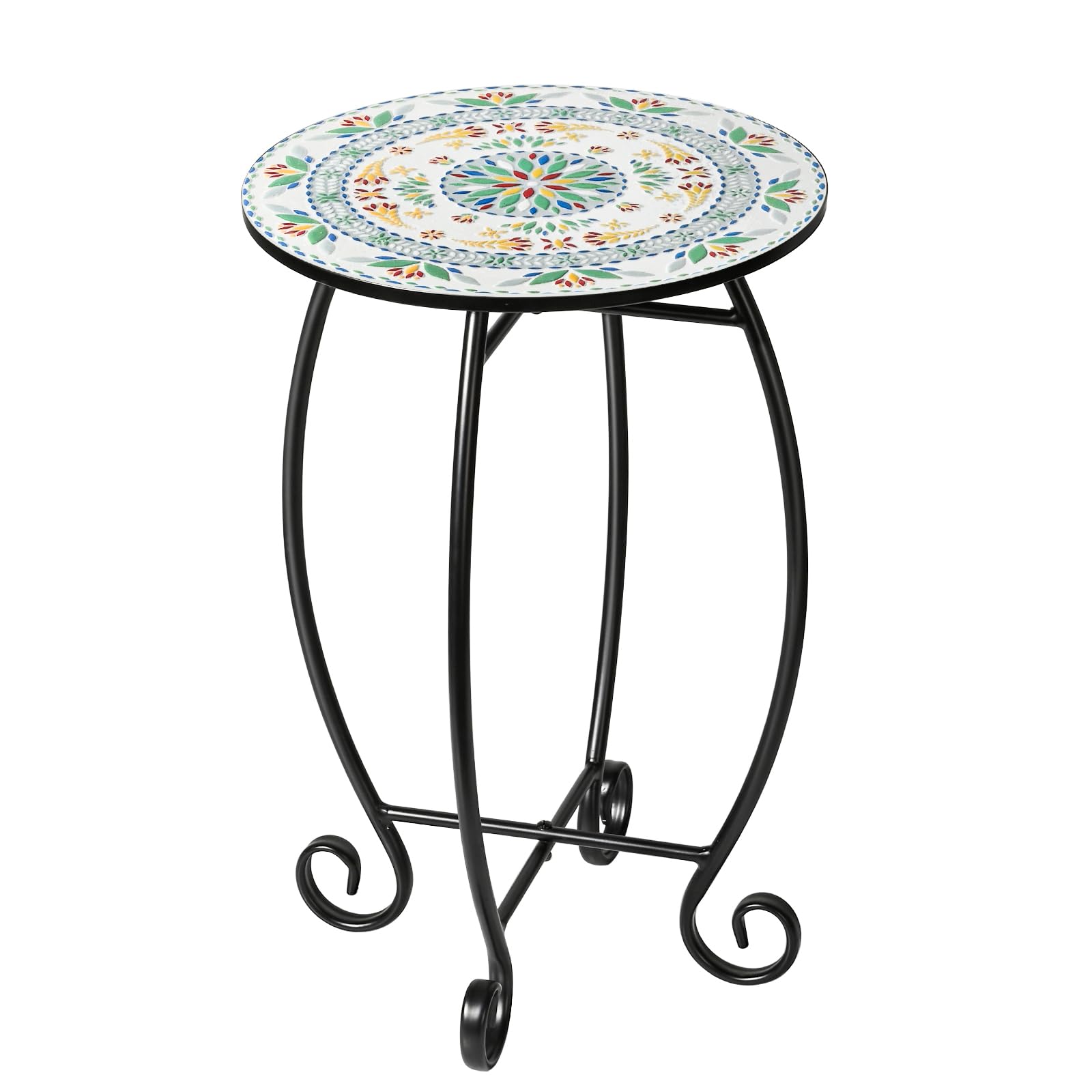 Side Table, 14" Round End Table, Unique Relief Ceramic Tile Tabletop with Metal Frame, Metal Scrollwork Accent Table, Coffee Tea Table Nightstand for Living Room, Bedroom, Indoor Outdoor Use