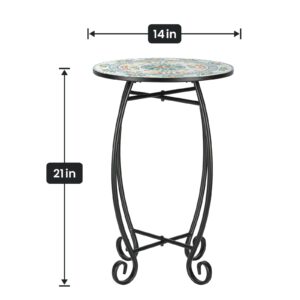 Side Table, 14" Round End Table, Unique Relief Ceramic Tile Tabletop with Metal Frame, Metal Scrollwork Accent Table, Coffee Tea Table Nightstand for Living Room, Bedroom, Indoor Outdoor Use