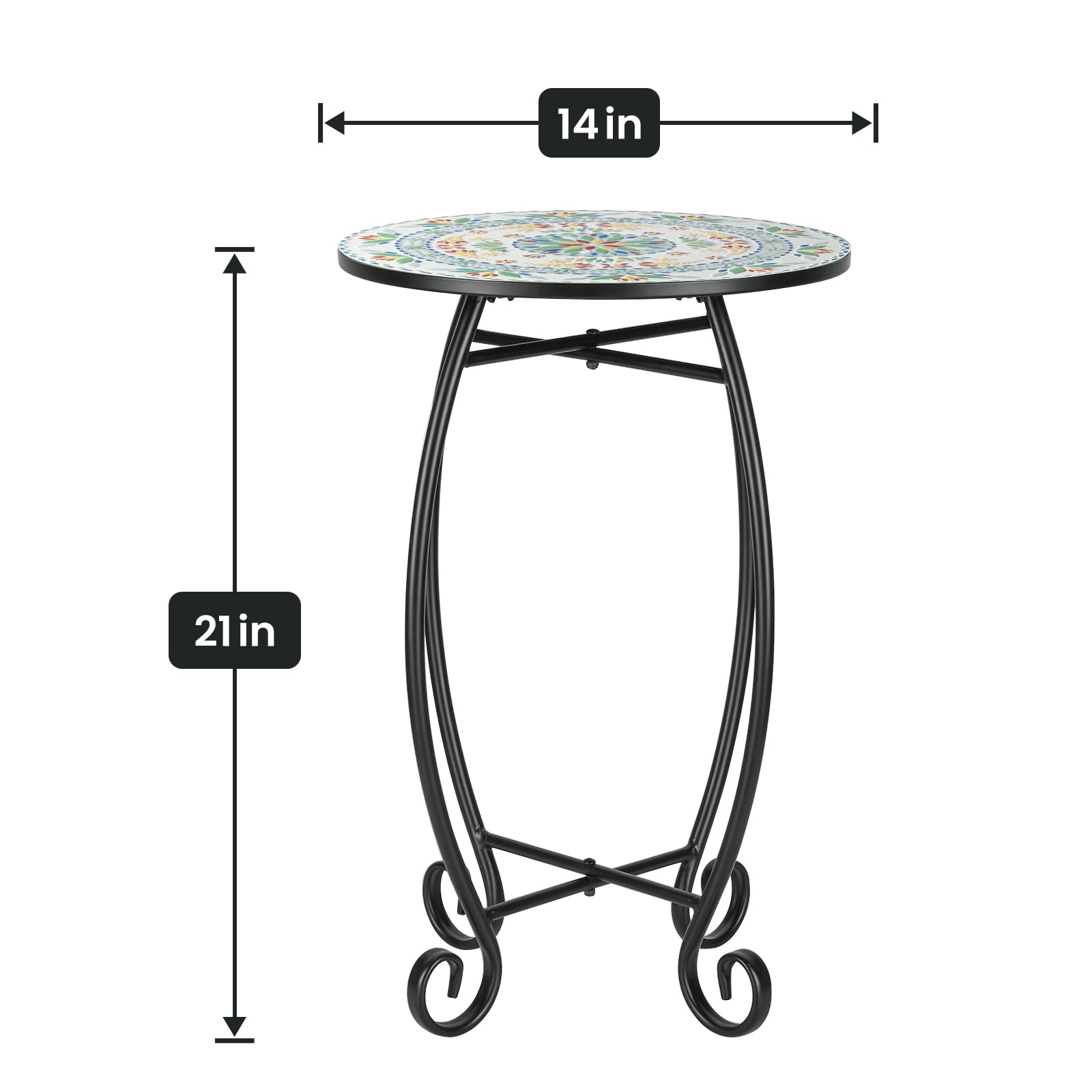 Side Table, 14" Round End Table, Unique Relief Ceramic Tile Tabletop with Metal Frame, Metal Scrollwork Accent Table, Coffee Tea Table Nightstand for Living Room, Bedroom, Indoor Outdoor Use