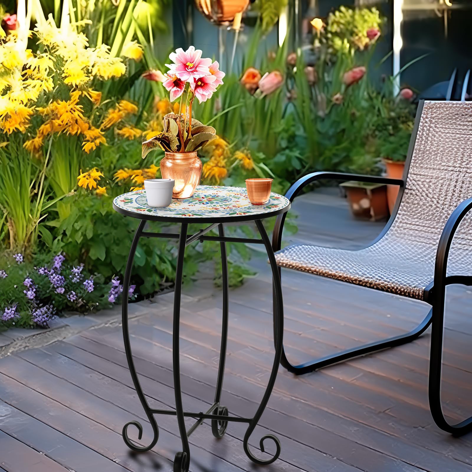 Side Table, 14" Round End Table, Unique Relief Ceramic Tile Tabletop with Metal Frame, Metal Scrollwork Accent Table, Coffee Tea Table Nightstand for Living Room, Bedroom, Indoor Outdoor Use