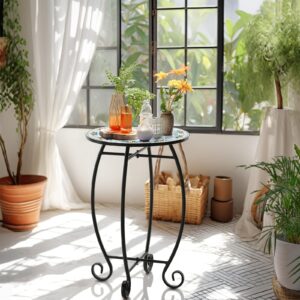 Side Table, 14" Round End Table, Unique Relief Ceramic Tile Tabletop with Metal Frame, Metal Scrollwork Accent Table, Coffee Tea Table Nightstand for Living Room, Bedroom, Indoor Outdoor Use