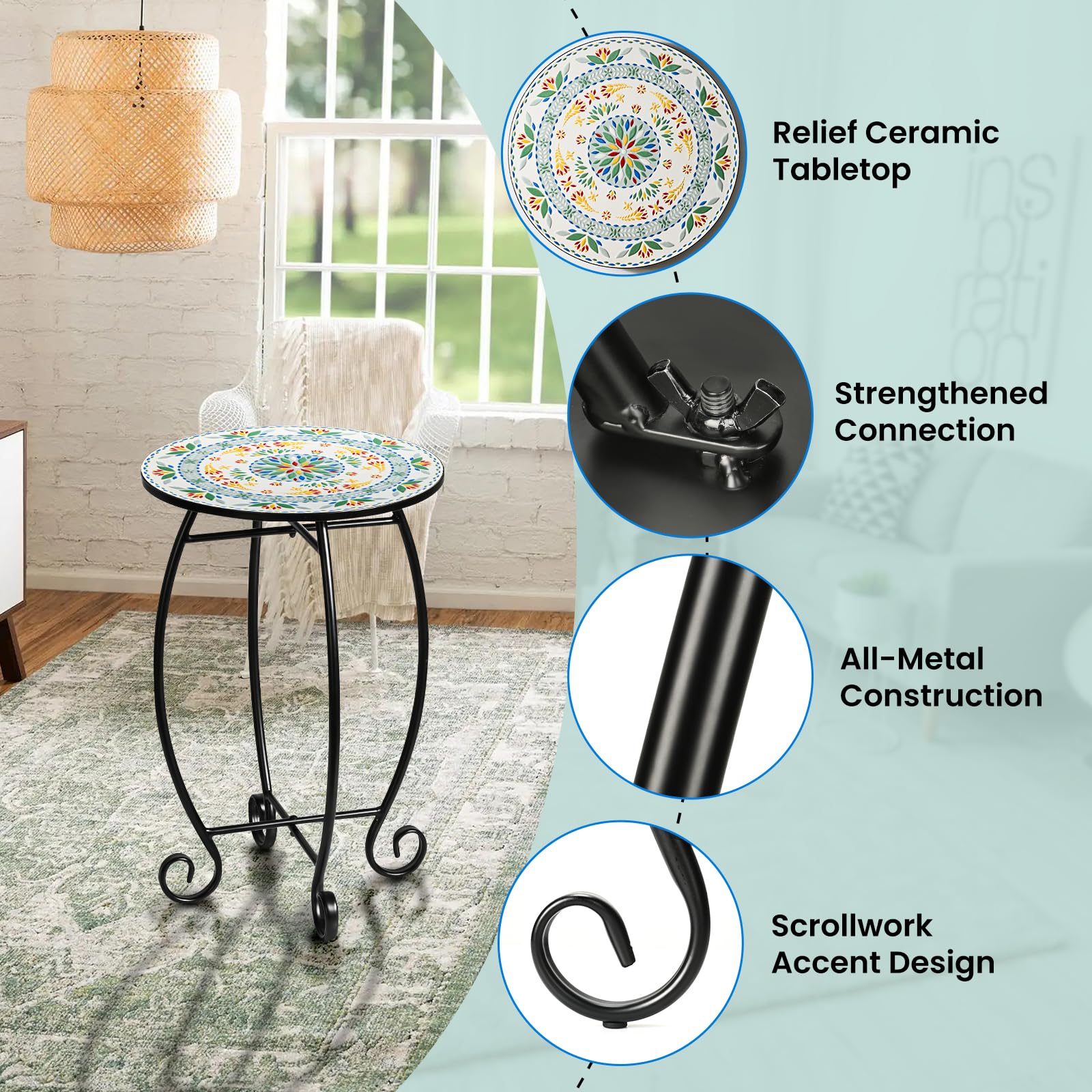 Side Table, 14" Round End Table, Unique Relief Ceramic Tile Tabletop with Metal Frame, Metal Scrollwork Accent Table, Coffee Tea Table Nightstand for Living Room, Bedroom, Indoor Outdoor Use