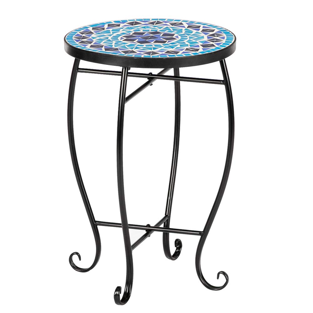 Outdoor Patio Side Table Outdoor Accent Table Bistro Coffee Table Plant End Table Small Porch Table Indoor Round Glass Balcony Mosaic Plant Stand (Color 3)