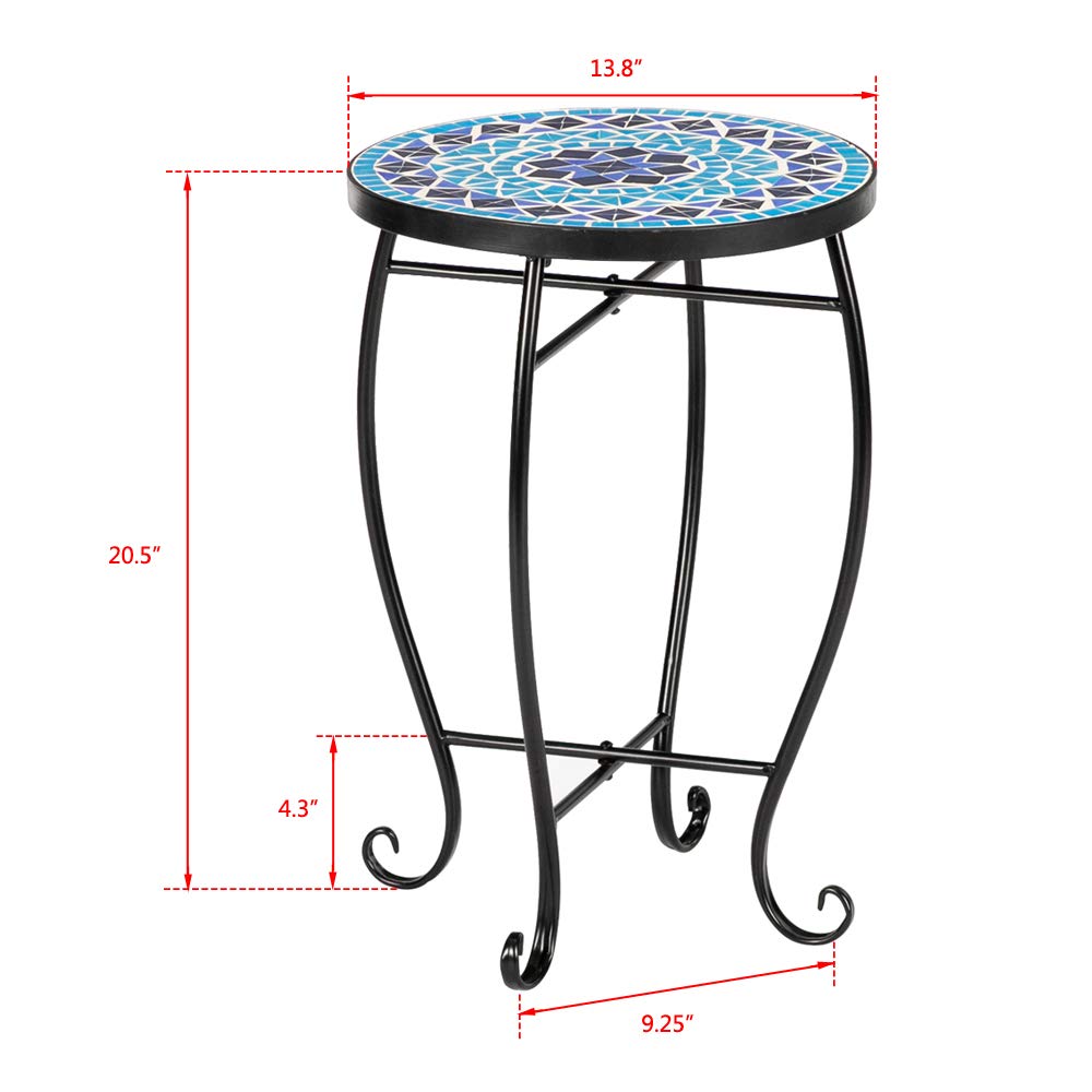 Outdoor Patio Side Table Outdoor Accent Table Bistro Coffee Table Plant End Table Small Porch Table Indoor Round Glass Balcony Mosaic Plant Stand (Color 3)