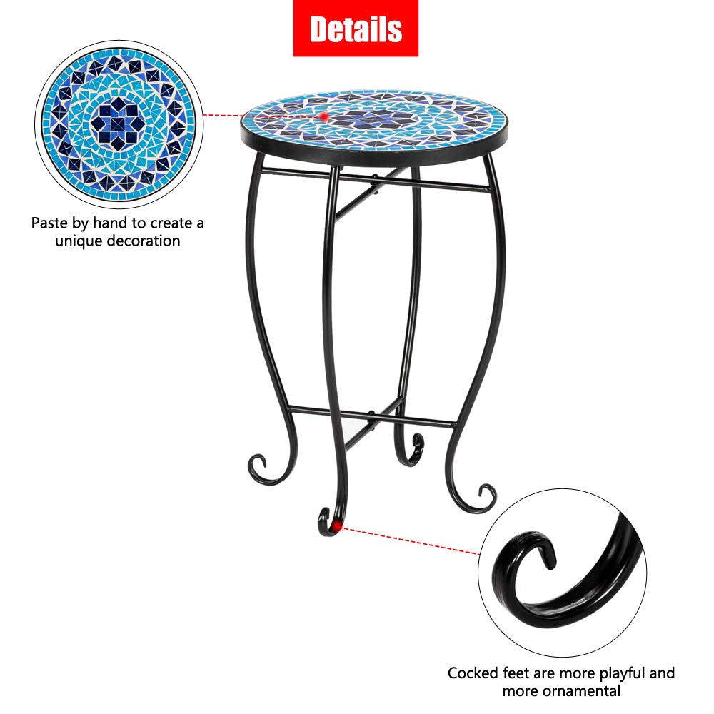 Outdoor Patio Side Table Outdoor Accent Table Bistro Coffee Table Plant End Table Small Porch Table Indoor Round Glass Balcony Mosaic Plant Stand (Color 3)