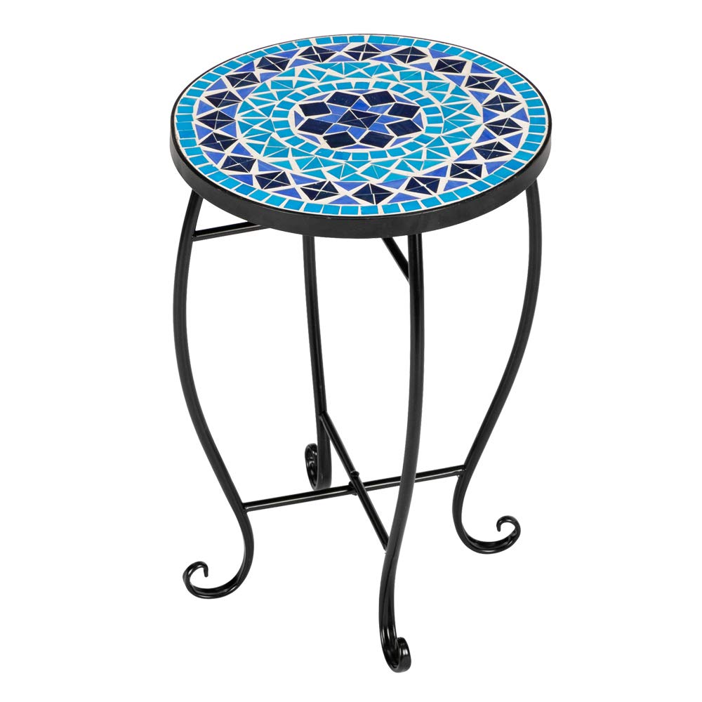 Outdoor Patio Side Table Outdoor Accent Table Bistro Coffee Table Plant End Table Small Porch Table Indoor Round Glass Balcony Mosaic Plant Stand (Color 3)