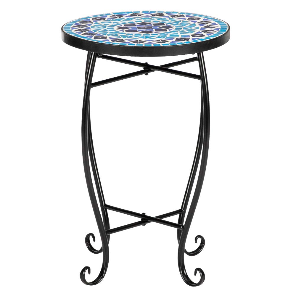 Outdoor Patio Side Table Outdoor Accent Table Bistro Coffee Table Plant End Table Small Porch Table Indoor Round Glass Balcony Mosaic Plant Stand (Color 3)