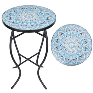 vipush mosaic outdoor side table, 14" round folding end table, patio accent table indoor plant stand for living room,geramic table top black iron,light blue