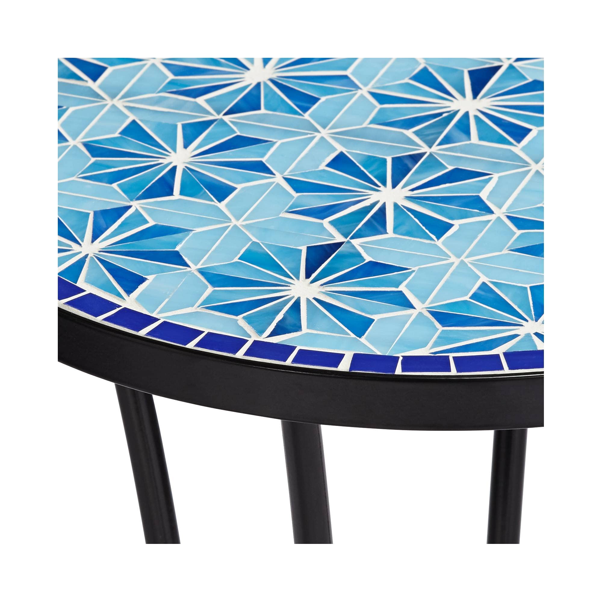 Teal Island Designs Blue Star Modern Black Metal Round Outdoor Accent Side Table 14" Wide with Lower Shelf Mosaic Tabletop Gracefully Curved Legs for Porch Patio Home House Balcony Spaces Deck