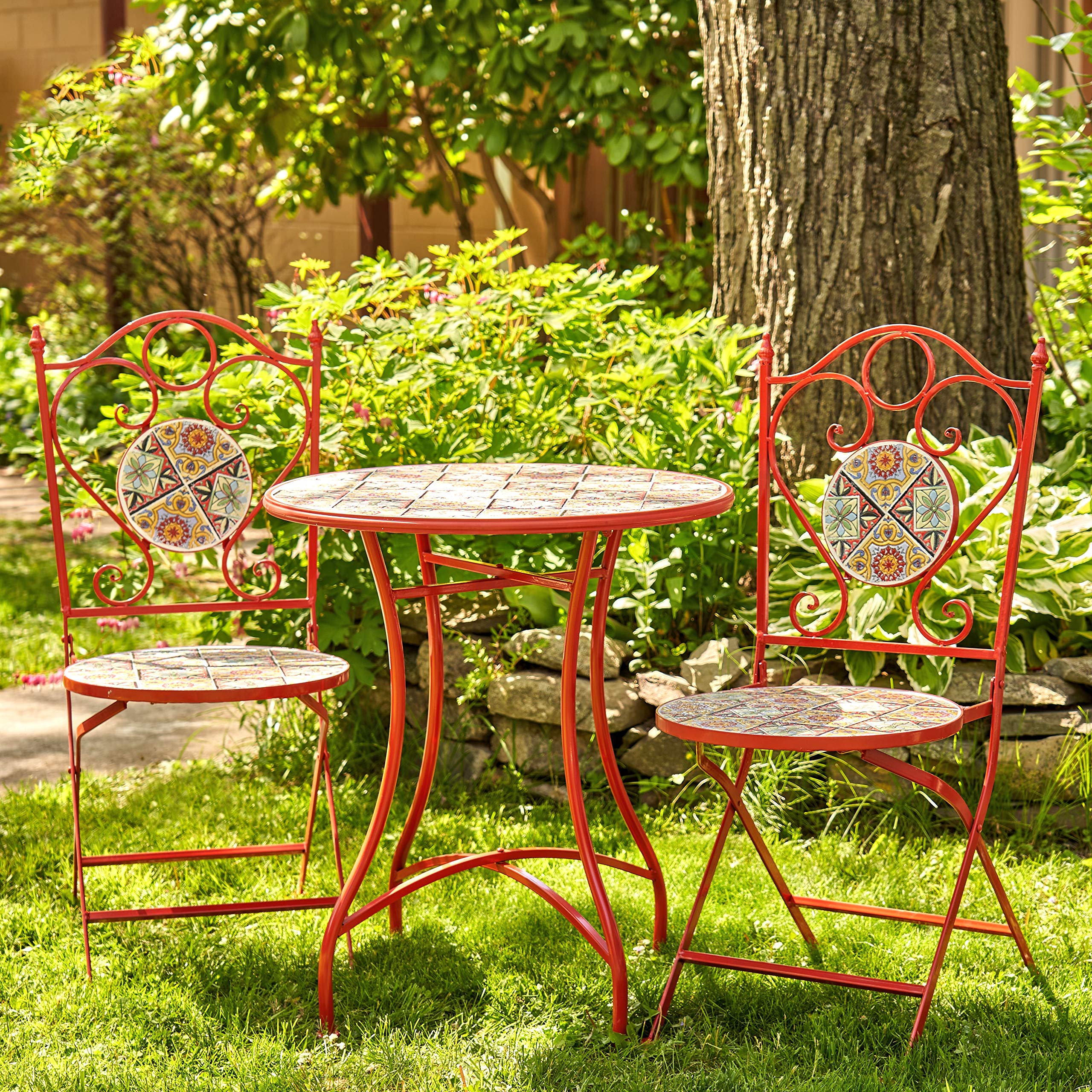 Zaer Ltd. Mosaic Tile Furniture (Bistro Set (1 Table, 2 Chairs), Tokyo Red)