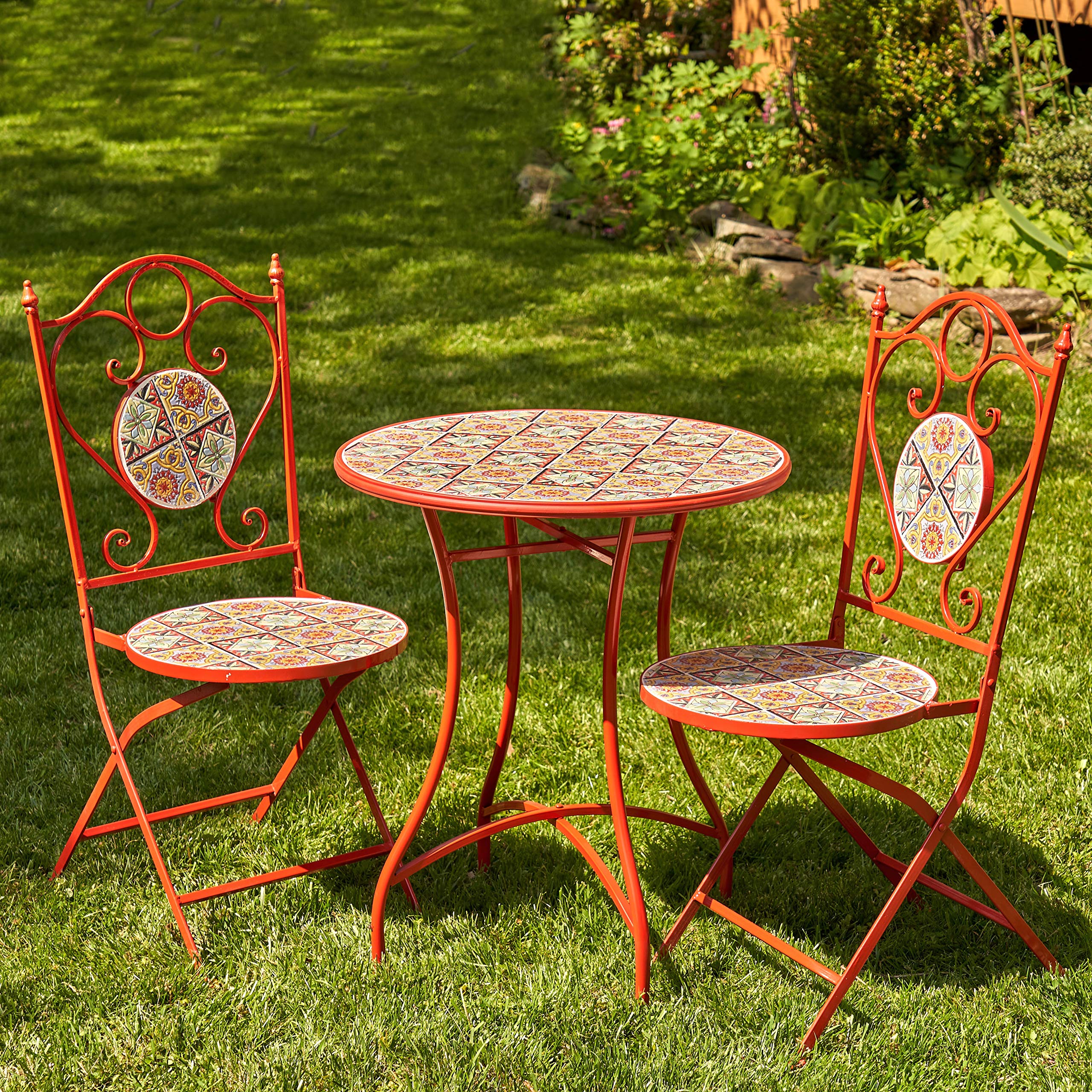 Zaer Ltd. Mosaic Tile Furniture (Bistro Set (1 Table, 2 Chairs), Tokyo Red)