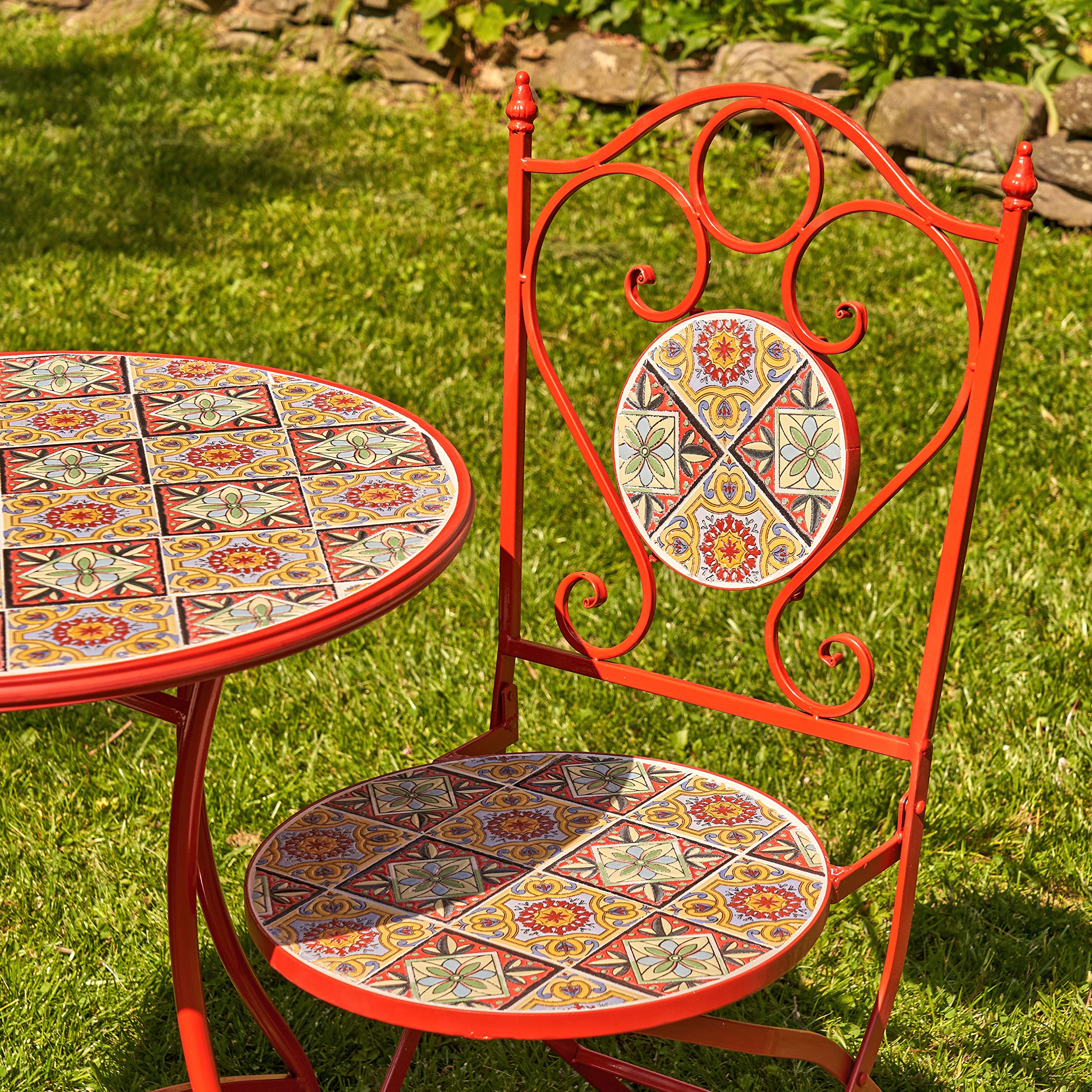 Zaer Ltd. Mosaic Tile Furniture (Bistro Set (1 Table, 2 Chairs), Tokyo Red)