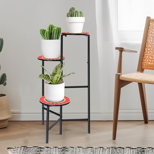 THE NEXT GARDENER.COM 3 Tier Indoor Plant Stand, Corner Outdoor Flower Shelf with 10" Ceramic Tile Tabletop, Tall Metal Planter Holder Rack, Plants Display Organizer for Living Room, Patio Garden