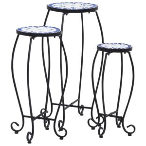 vidaxl 3pcs blue and white ceramic mosaic tables set - versatile, solid iron frame, easy to assemble, indoor/outdoor, coffee table to garden accent