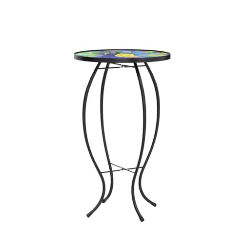 Evergreen Garden Outdoor-Safe Round Peacock Glass Metal Side Table - 12" L x 12" W x 22" H Indoor Outdoor Side Tables for Your Patio, Lawn, Garden or Home Décor