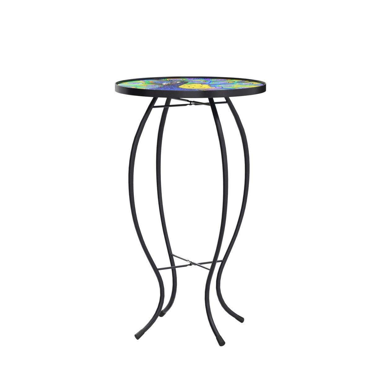 Evergreen Garden Outdoor-Safe Round Peacock Glass Metal Side Table - 12" L x 12" W x 22" H Indoor Outdoor Side Tables for Your Patio, Lawn, Garden or Home Décor