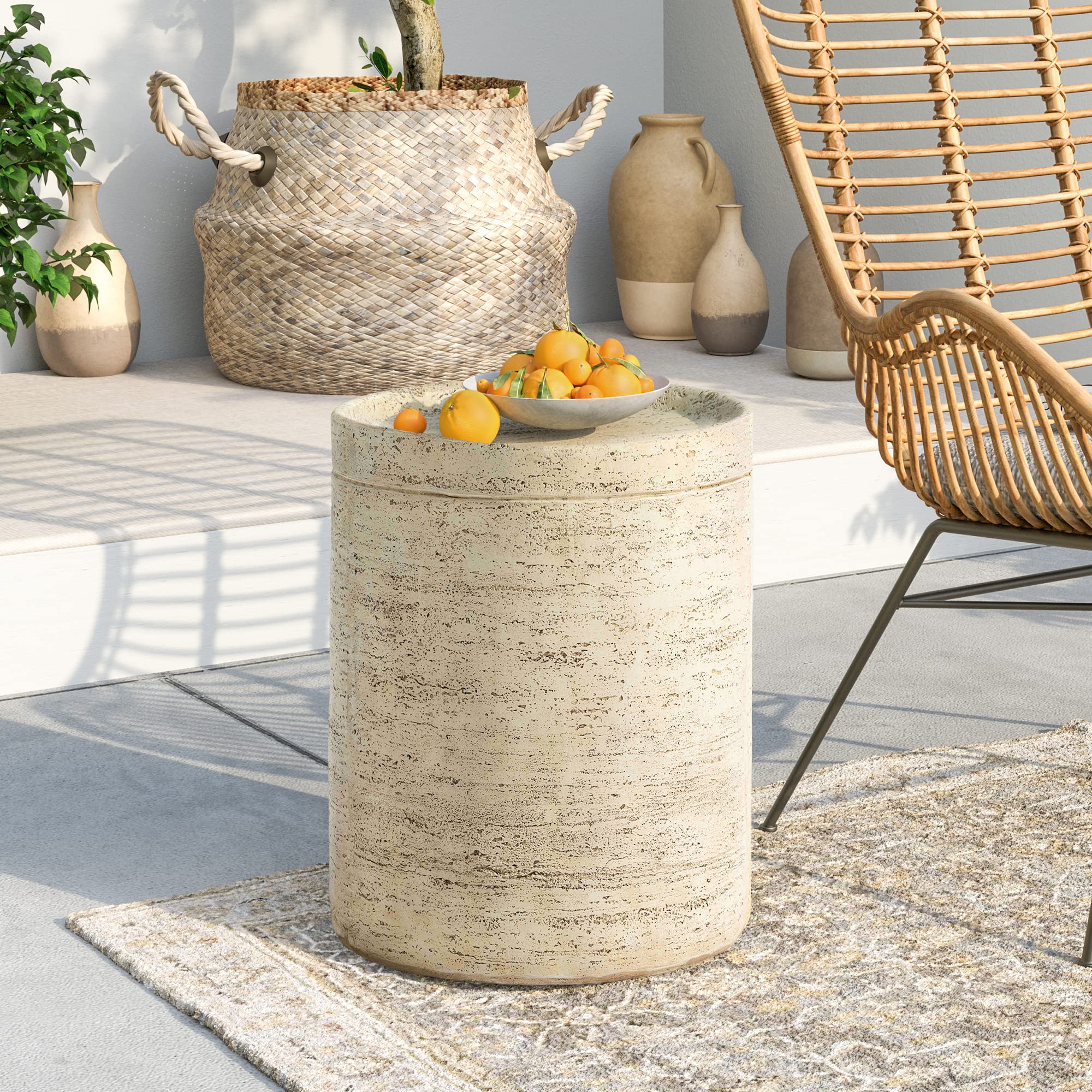 SUNBURY Concrete Side Table Set of 2, Outdoor Side Table for Patio, 14" Outdoor Accent Table Patio Round Side Table End Table, Ceramic Side Table Garden Stool Log Table