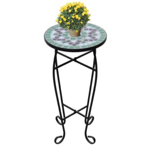 YAFF Mosaic Side Table Plant Table, Round End Table for Patio Porch Indoor Outdoor Accent Table, Small Coffee Table for Garden Porch Living Room Balcony Deck Porch Pool Green White (8.8lbs)