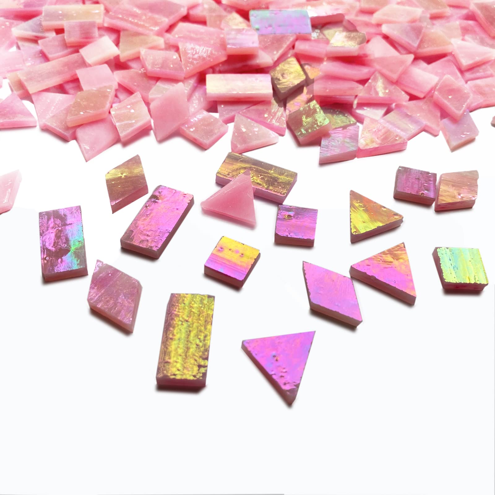 KALUCION Magic Iridescent Pink Stained Glass Mosaic Tiles for Crafts, 280 Pieces Mixed 4 Shapes Stained Glass Sheets Pieces for Mosaics