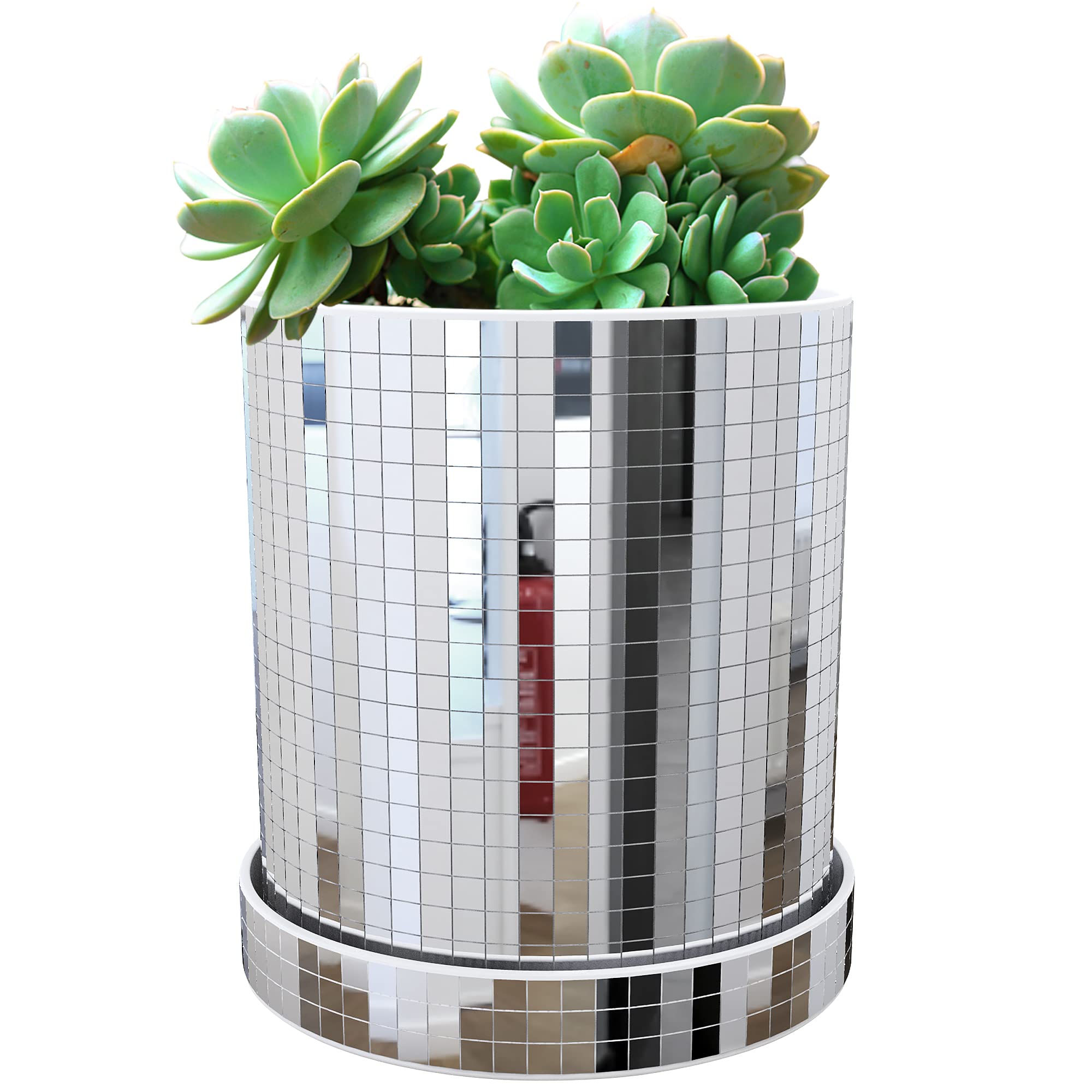 Adnee Modern Disco Cylindrical Plastic Planter Pot, Silver, 4.5 x 4.8 inch, Indoor Outdoor, Drainage Hole and Saucer