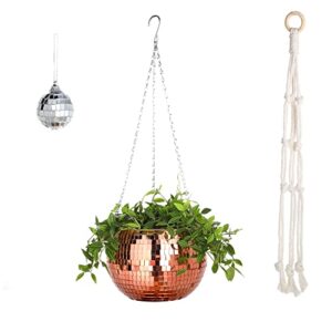 self watering disco ball planter - rose gold disco planter with macrame plant hanger & keychain ready to use - boho decor planter pot for indoor or outdoor (8 inch)