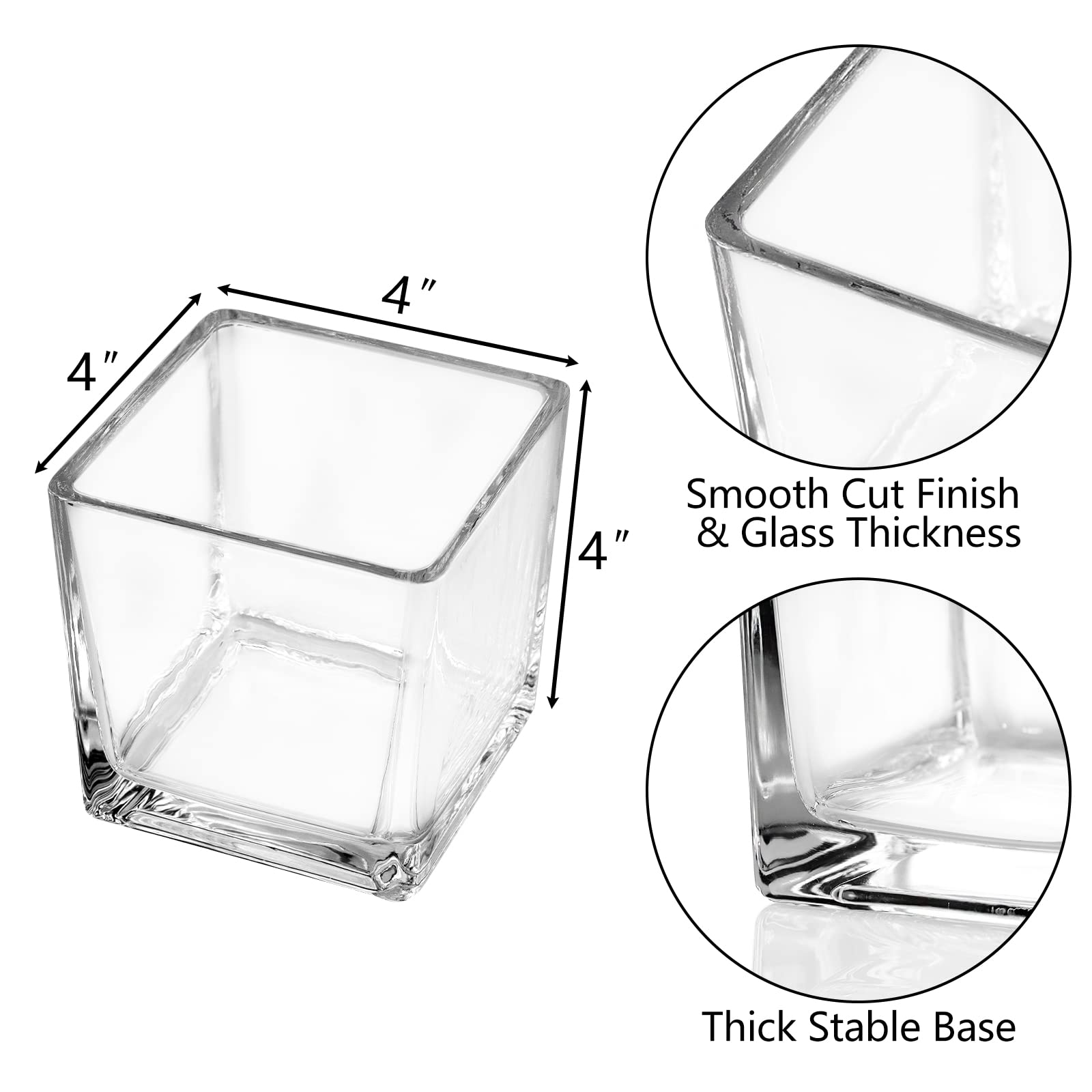 Comrzor Set of 6 Square Glass Vases 4" x 4" x 4", Clear Flower Vase, Plant Terrarium, Candle Holder for Wedding Centerpiece, Office Decorations, Home Décor, Parties and Events