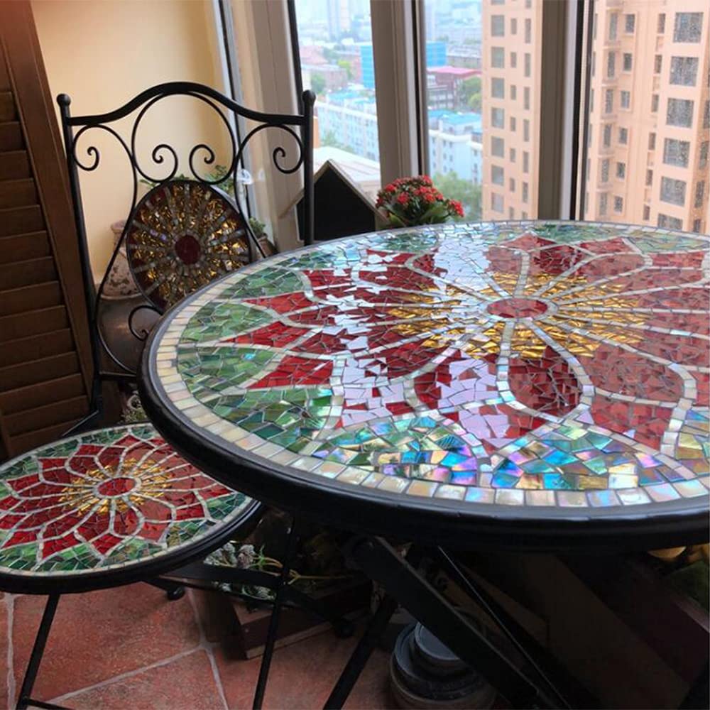 XIAOLIN Mosaic Side Table，Outdoor Garden Patio Tile Top Accent Desk with Round Hand Painted Glass, 23.6" Diameter