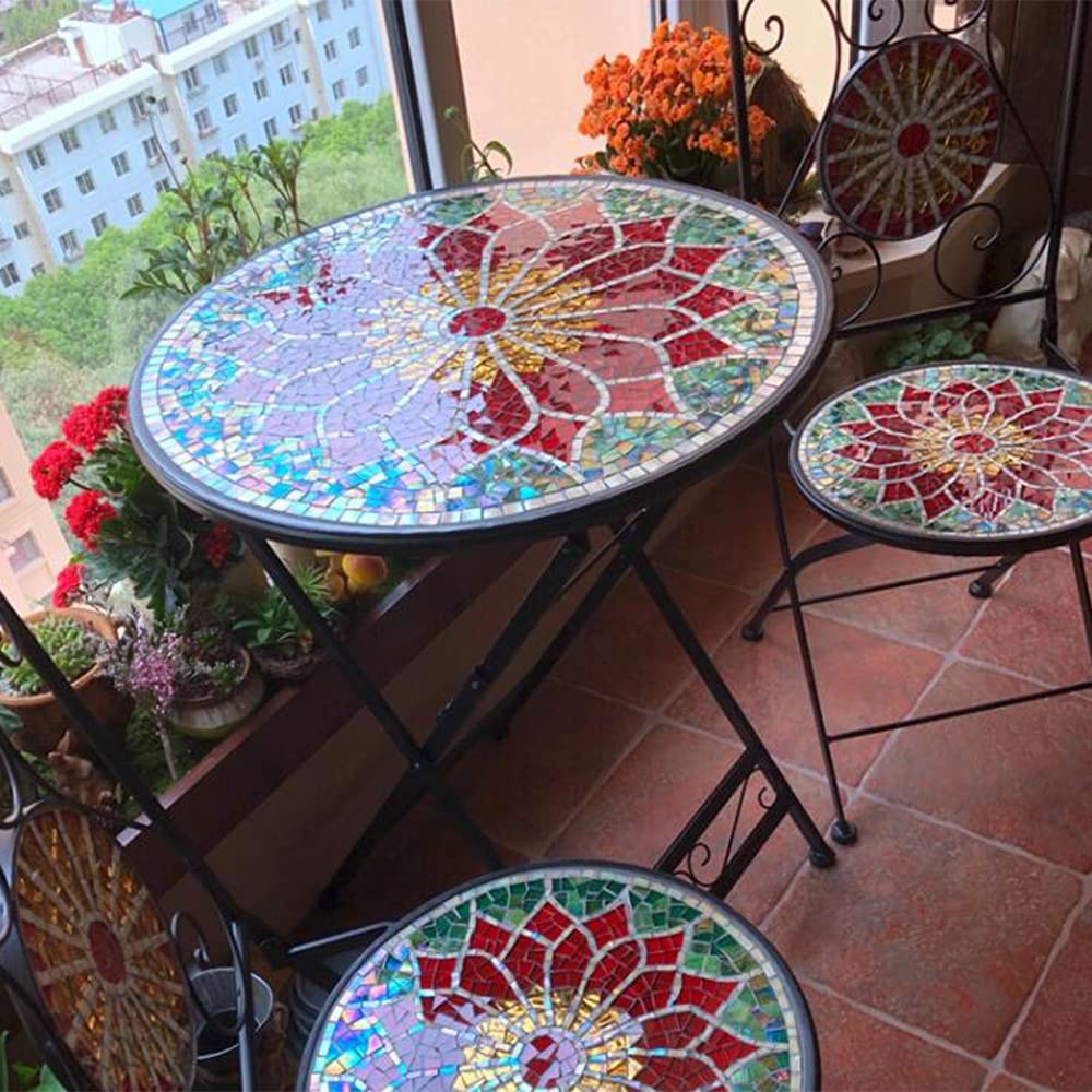 XIAOLIN Mosaic Side Table，Outdoor Garden Patio Tile Top Accent Desk with Round Hand Painted Glass, 23.6" Diameter