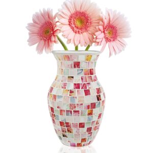 SHMILMH Pink Vase for Flowers, Handmade Mosaic Glass Vase for Artificial Bouquet Flower, Small Colorful Decorative Vase for Table Centerpiece Room Decor, 8"