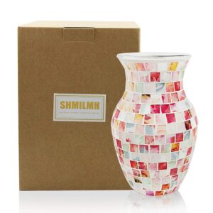 SHMILMH Pink Vase for Flowers, Handmade Mosaic Glass Vase for Artificial Bouquet Flower, Small Colorful Decorative Vase for Table Centerpiece Room Decor, 8"