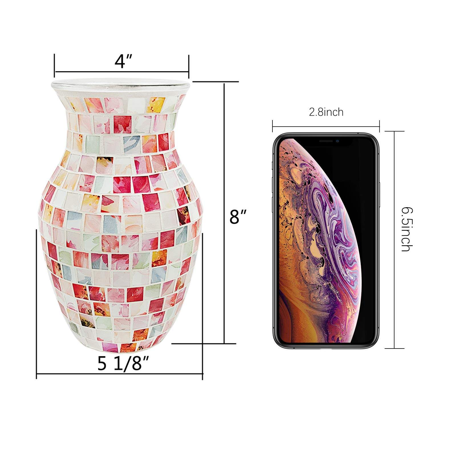 SHMILMH Pink Vase for Flowers, Handmade Mosaic Glass Vase for Artificial Bouquet Flower, Small Colorful Decorative Vase for Table Centerpiece Room Decor, 8"