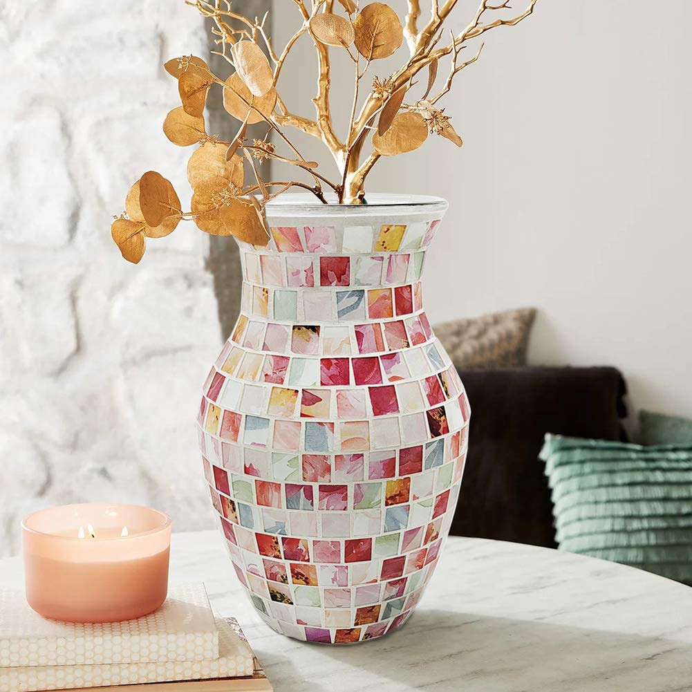 SHMILMH Pink Vase for Flowers, Handmade Mosaic Glass Vase for Artificial Bouquet Flower, Small Colorful Decorative Vase for Table Centerpiece Room Decor, 8"