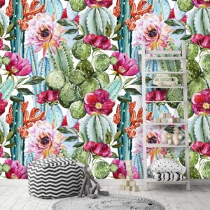 Coloritto Removable Peel 'n Stick Wallpaper, Self-Adhesive Wall Mural, Watercolor Tropical Pattern, Nursery Decor • Tropical Flowers, Roses and Cactus (Sample 12" W x 8" H)